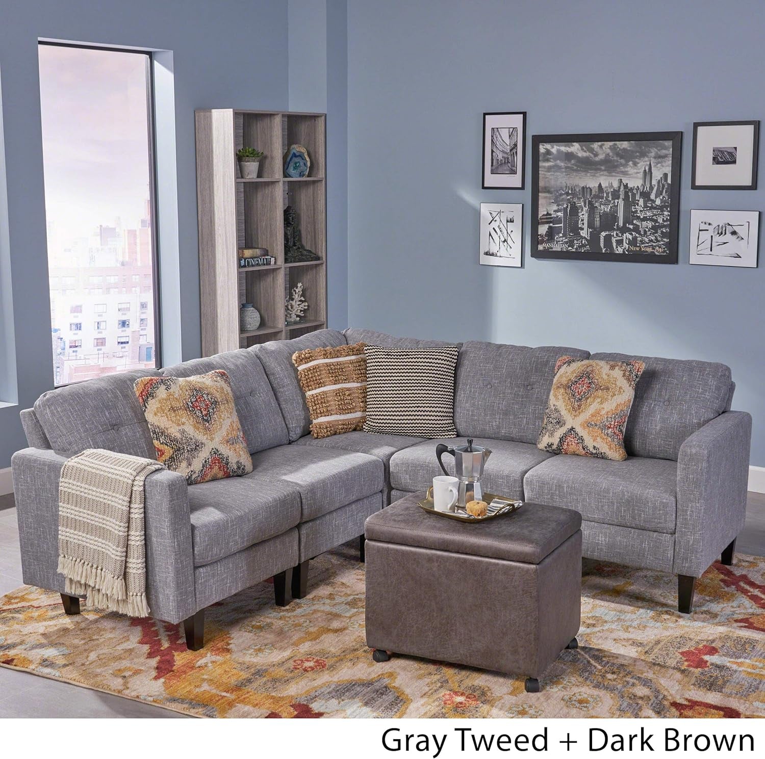 Marsh Mid Century Modern Sectional Sofa Set, Gray Tweed Dark Brown