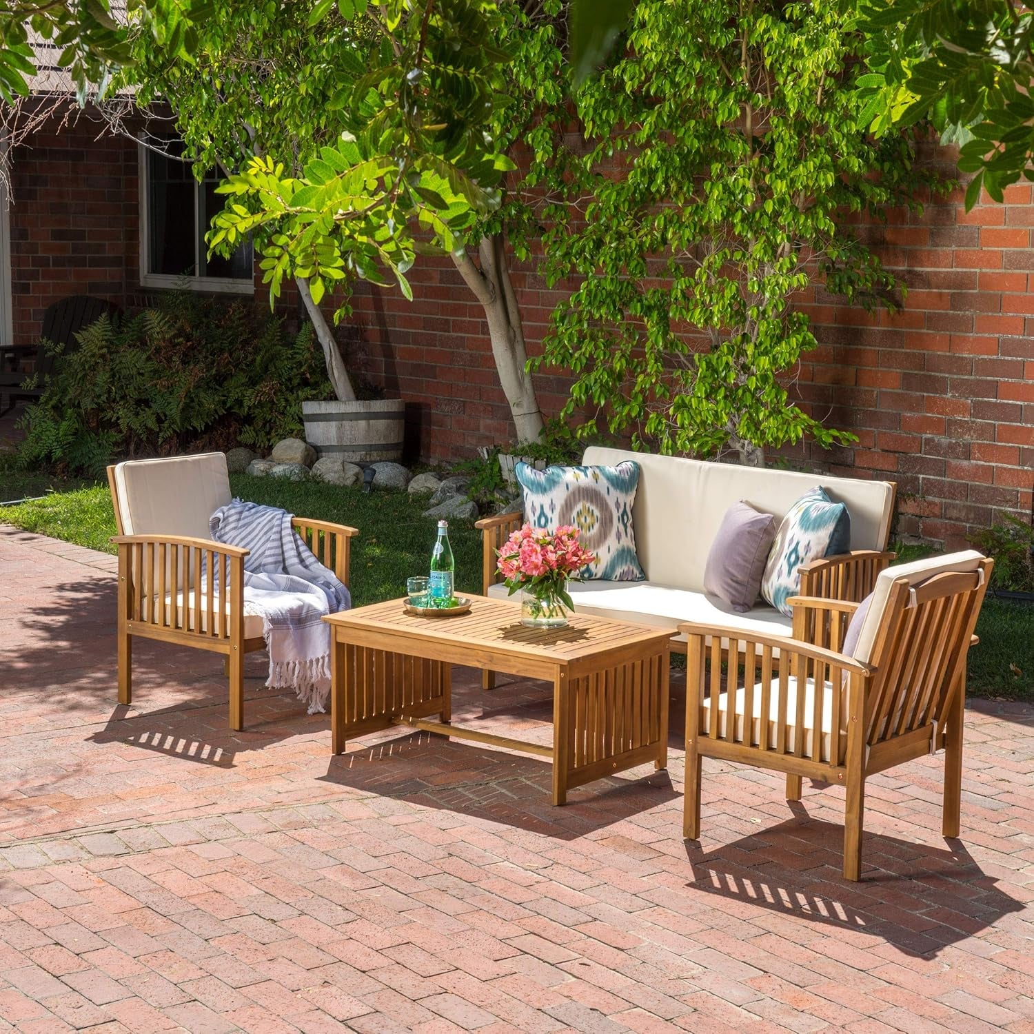 4-Piece Outdoor Acacia Sofa Set + Waterproof Cover, Brown Patina + Beige