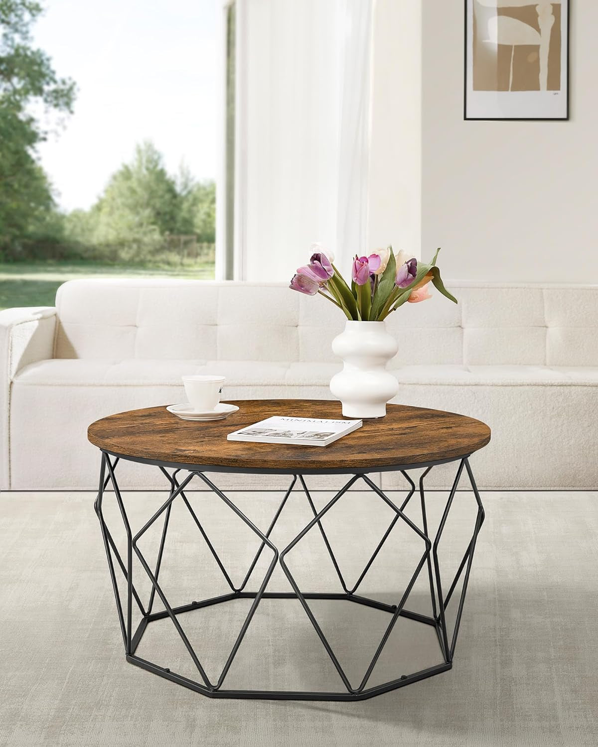 round Coffee Table for Living Room, Cage Cocktail Table with Steel Frame, 31.5 Inches Dia., Industrial Style, Rustic Brown and Black ULCT040B01