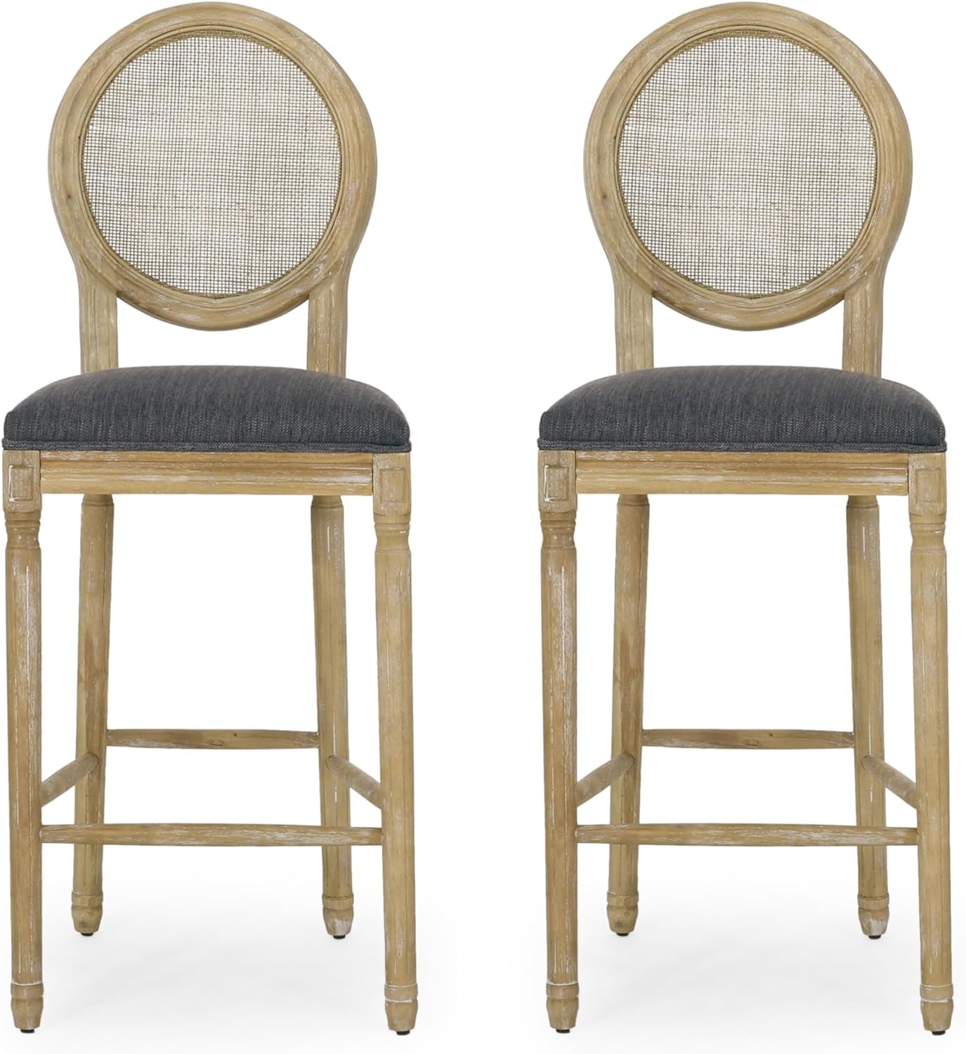 Kenny French Country Wooden Barstools with Upholstered Seating (Set of 2), Charcoal and Natural