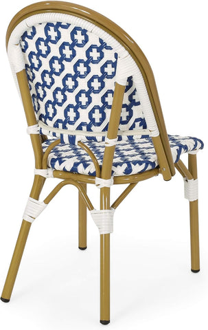 Anastasia Outdoor French Bistro Chair (Set of 2), Blue + White + Bamboo Print Finish
