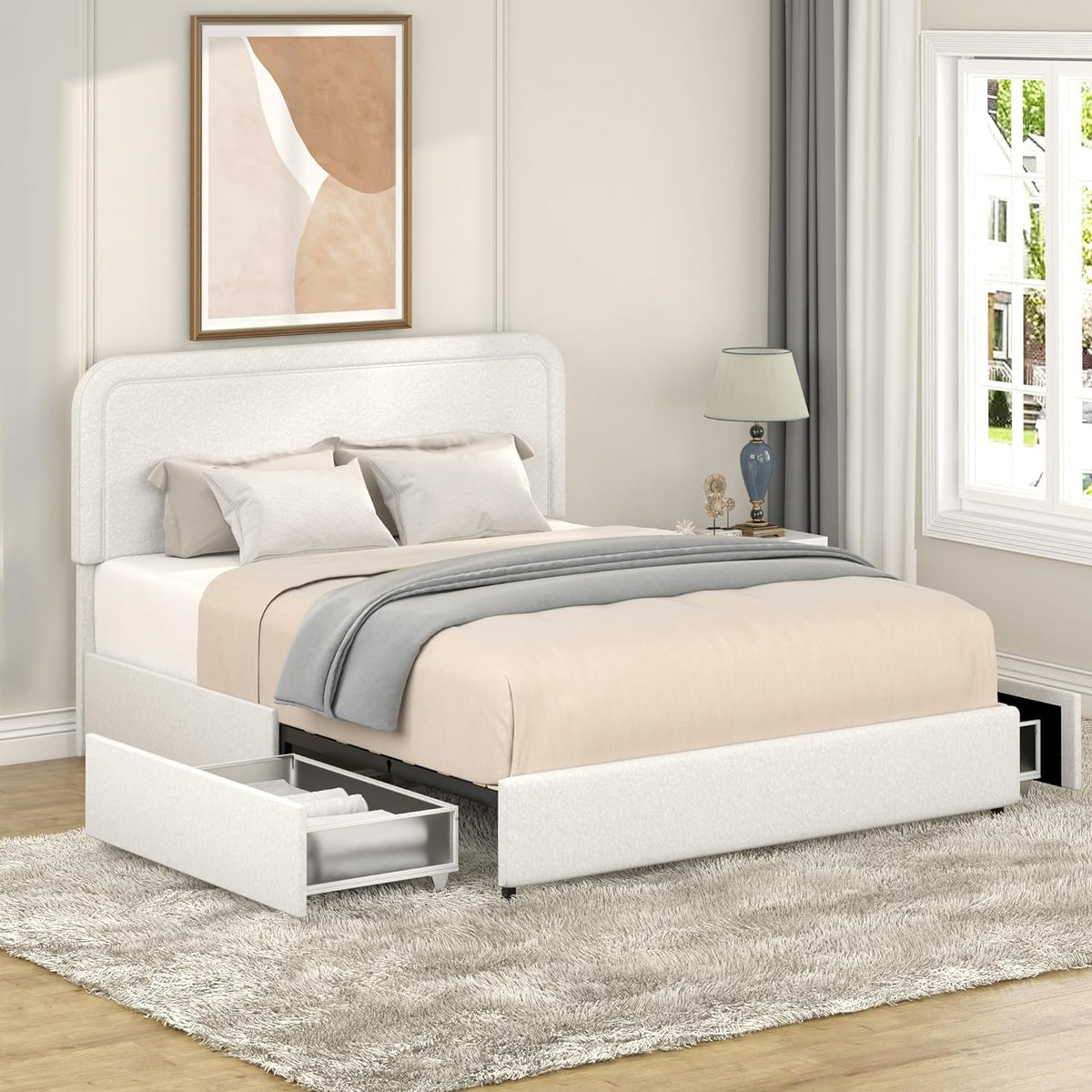 Upholstered Bed with Storage,Queen Size Platform Bed Frame with 2 Drawers,Curved Stitched Tufted Headboard, Wooden Slat Mattress Support No Box Spring Needed Easy Assembly, Ivory Boucle