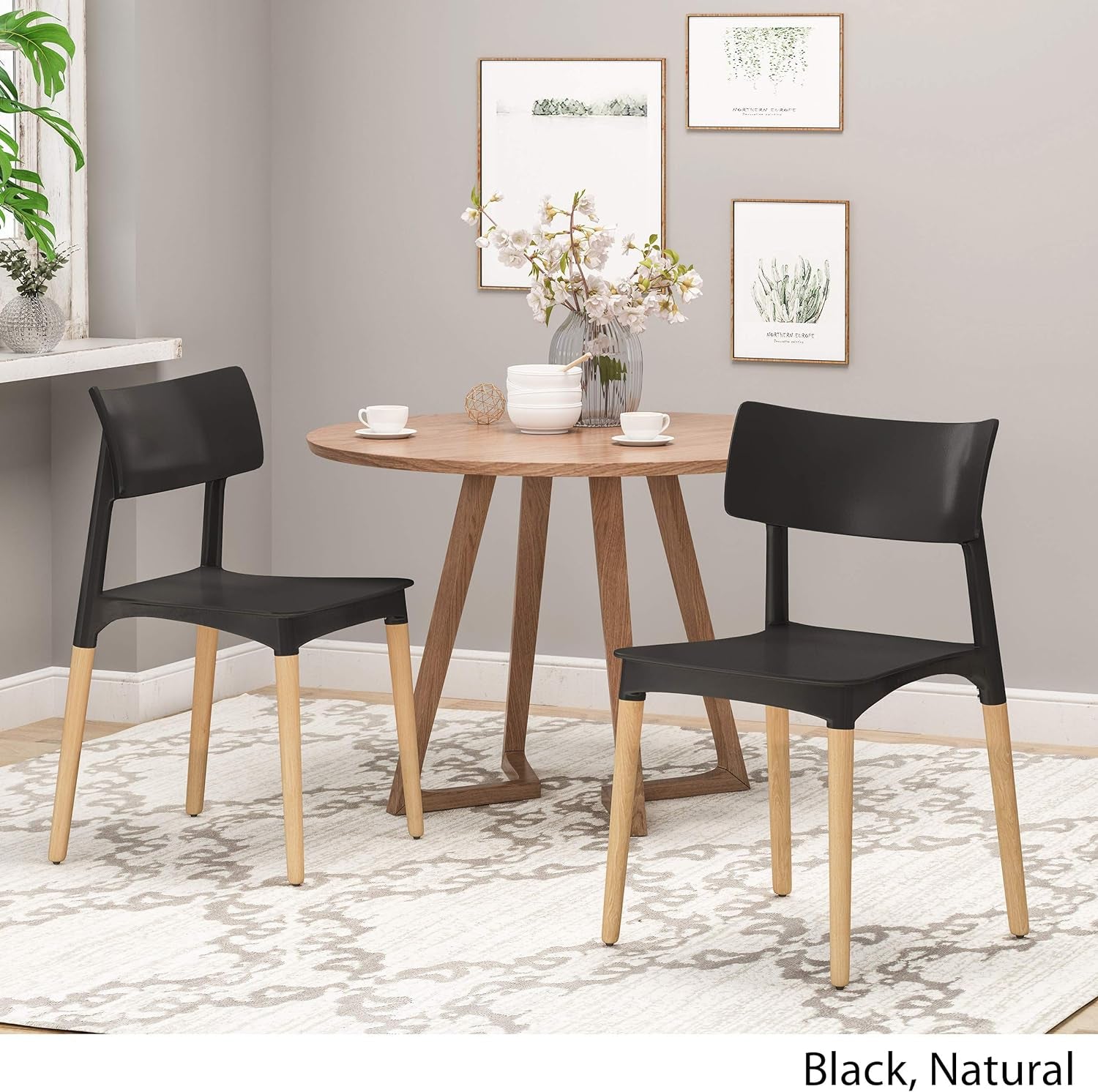 Isabel Modern Dining Chair with Beech Wood Legs (Set of 2), Black and Natural