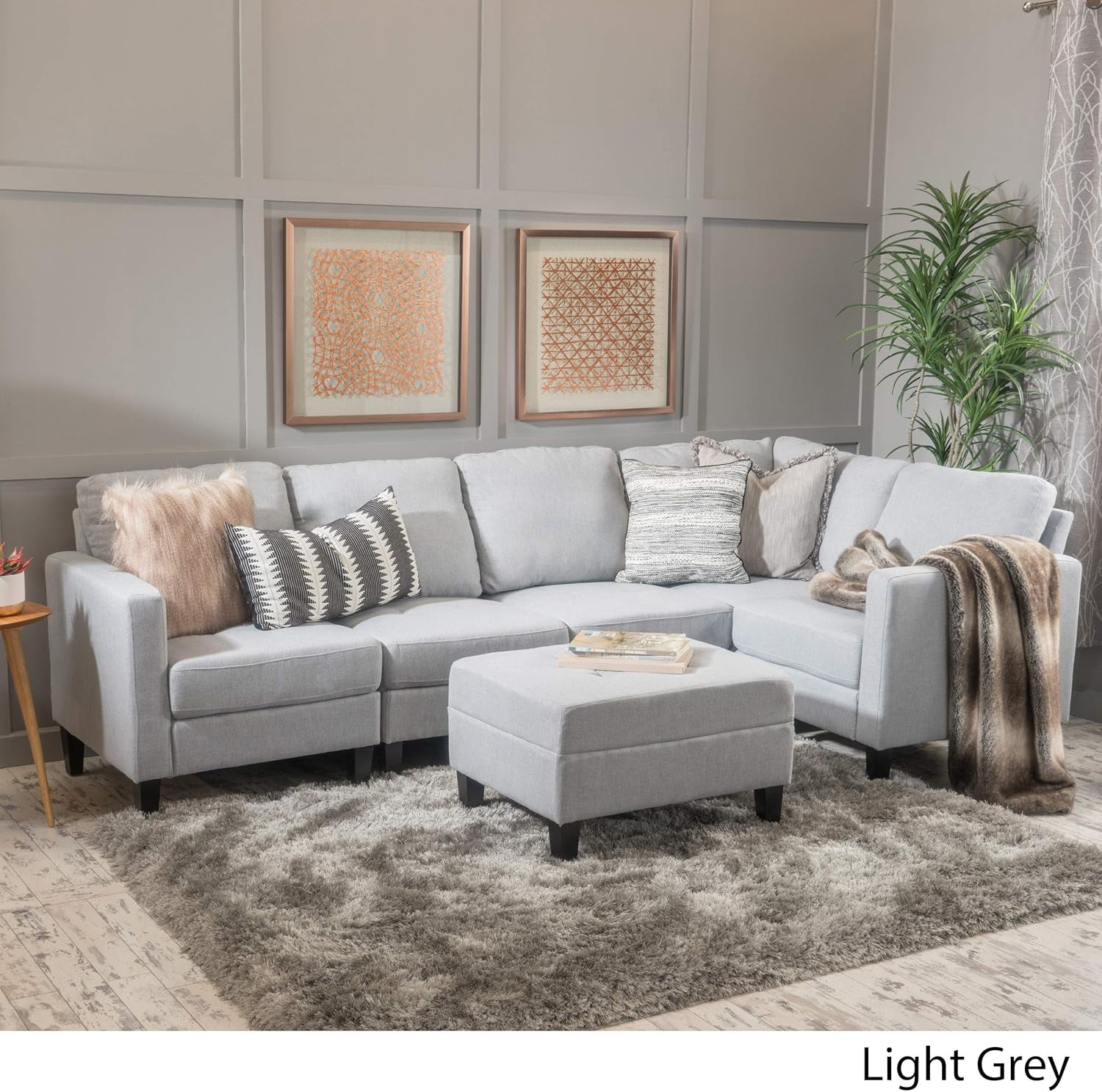 Zahra Fabric Sectional Couch with Ottoman, 6-Pcs Set, Light Grey