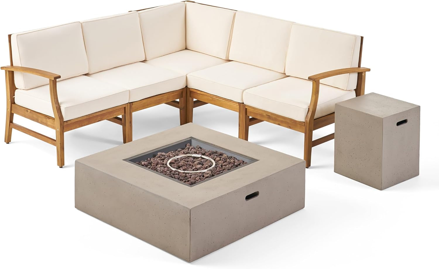 Illona Outdoor 5 Seater V-Shaped Acacia Wood Sofa Set with Square Fire Table and Tank, 23.75 "W X 28 "D X 32.75 "H, Teak + Cream + Light Gray