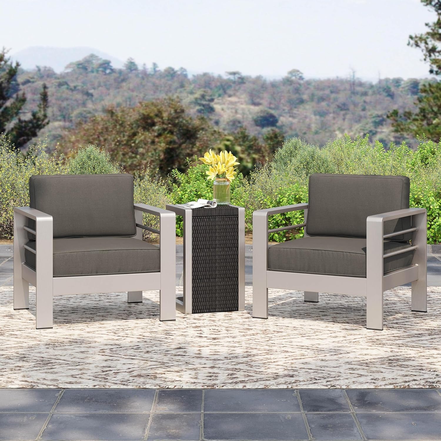 Cape Coral Outdoor Aluminum Club Chairs with a Wicker Side Table, 32.00 "W X 27.5 "D X 24.6 "H, Silver + Khaki + Gray