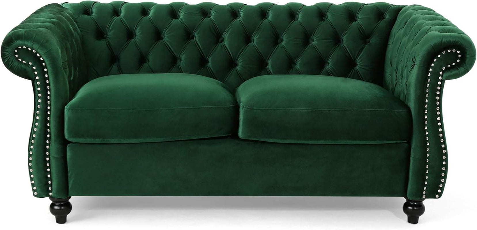 Karen Traditional Chesterfield Loveseat Sofa, Emerald and Dark Brown, 61.75 X 33.75 X 27.75