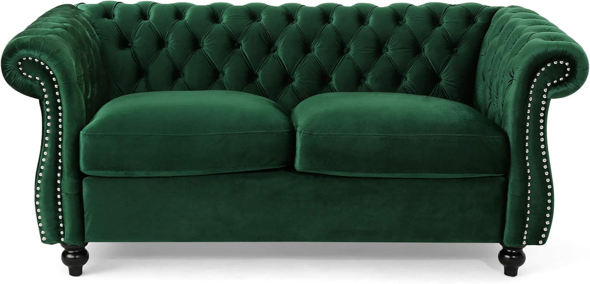 Karen Traditional Chesterfield Loveseat Sofa, Emerald and Dark Brown, 61.75 X 33.75 X 27.75