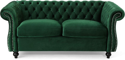 Karen Traditional Chesterfield Loveseat Sofa, Emerald and Dark Brown, 61.75 X 33.75 X 27.75