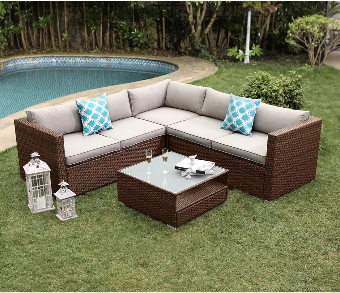 4-Piece Outdoor Furniture Set All-Weather Brown Wicker Sectional Sofa W Warm Gray Thick Cushions, Glass Coffee Table, 2 Teal Pattern Pillows