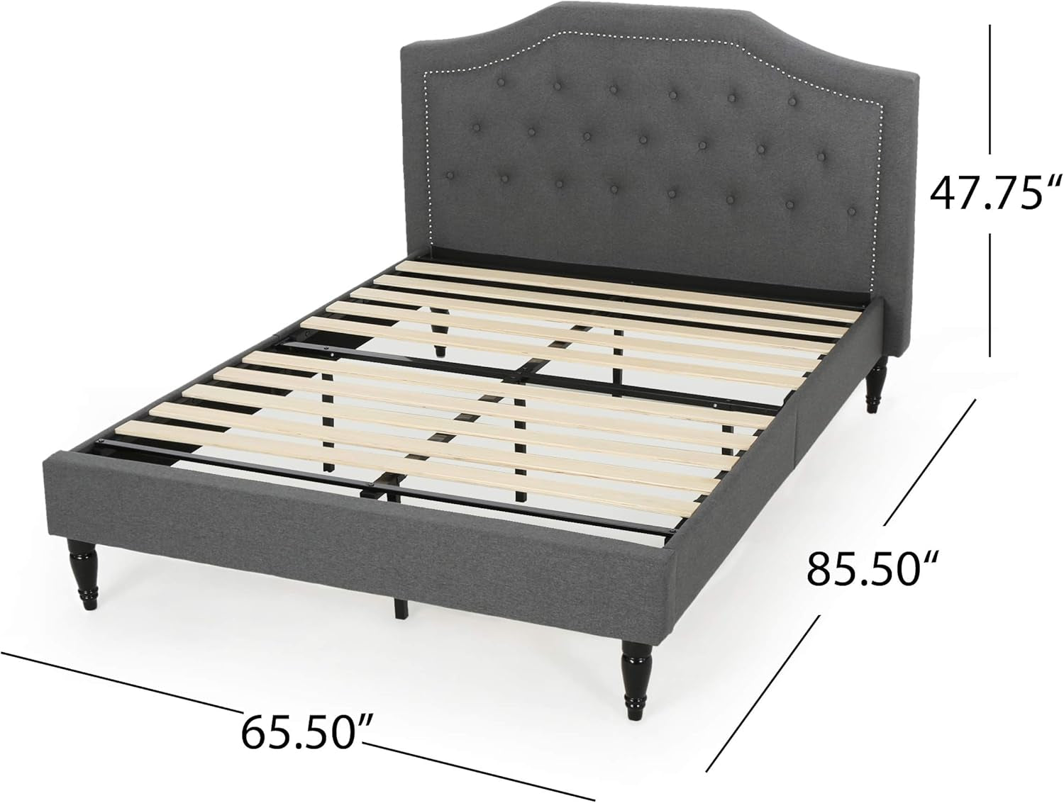 Renee Contemporary Low Profile Fully Upholstered Fabric Platform Bed Frame, Queen, Charcoal Gray, Dark Brown