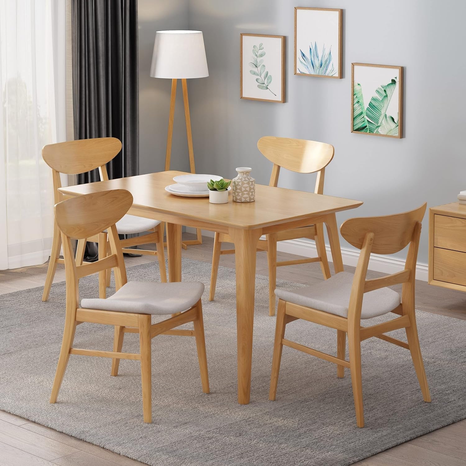 Frederica Mid-Century Modern Dining Chairs (Set of 4), Light Beige, Natural Oak