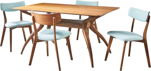 Nissie Mid-Century Wood Dining Set with Fabric Chairs, 5-Pcs Set, Natural Walnut Finish / Mint