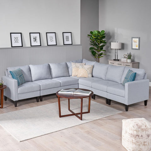 Zahra Fabric Sectional Couch, 7-Pcs Set, Light Grey