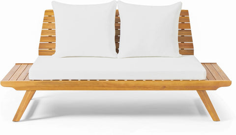 Sedona Outdoor Acacia Wood 6 Seater Chair Loveseat Cushions Chat Patio Furniture Conversation Sets with Coffee Table, 37 "W X 28.25 "D X 29.5 "H, Teak + White