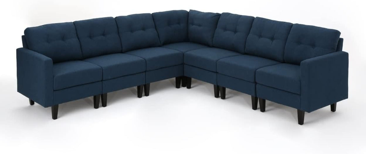 Emmie Mid-Century Modern 7-Piece Extended Sectional Sofa, Navy Blue / Dark Brown