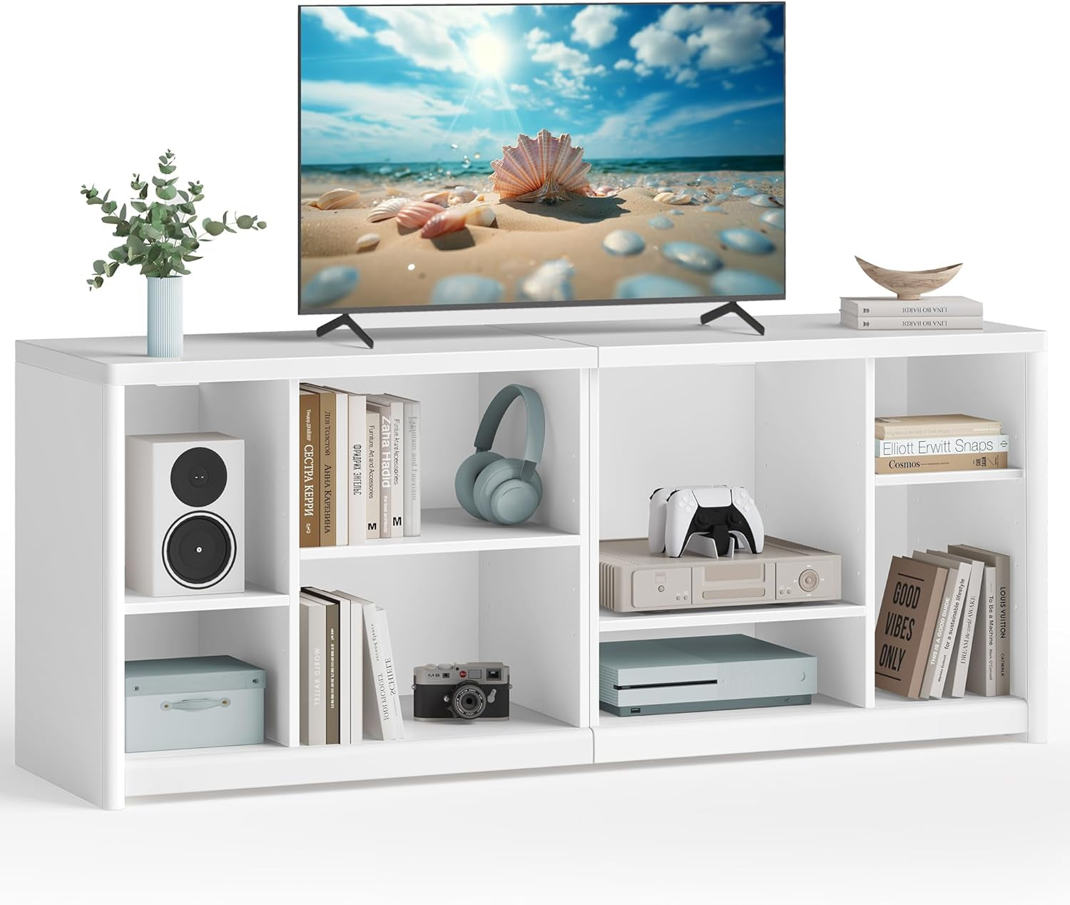 TV Stand for Tvs up to 65 Inches, Entertainment Center with Storage Shelves, TV Console Table, Easy to Assemble, TV Cabinet for Living Room, Bedroom, Cloud White ULTV111W01