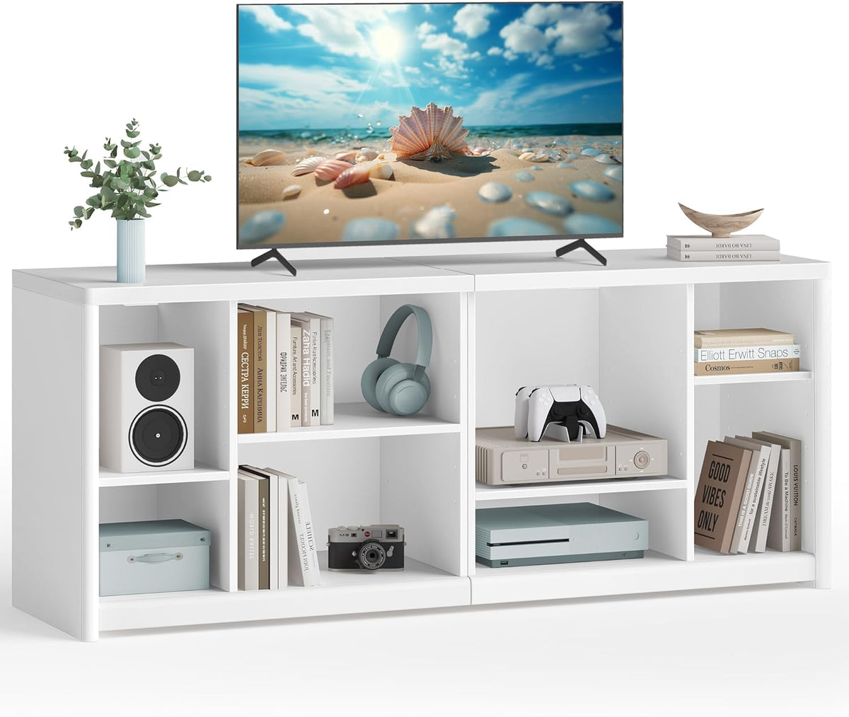 TV Stand for Tvs up to 65 Inches, Entertainment Center with Storage Shelves, TV Console Table, Easy to Assemble, TV Cabinet for Living Room, Bedroom, Cloud White ULTV111W01