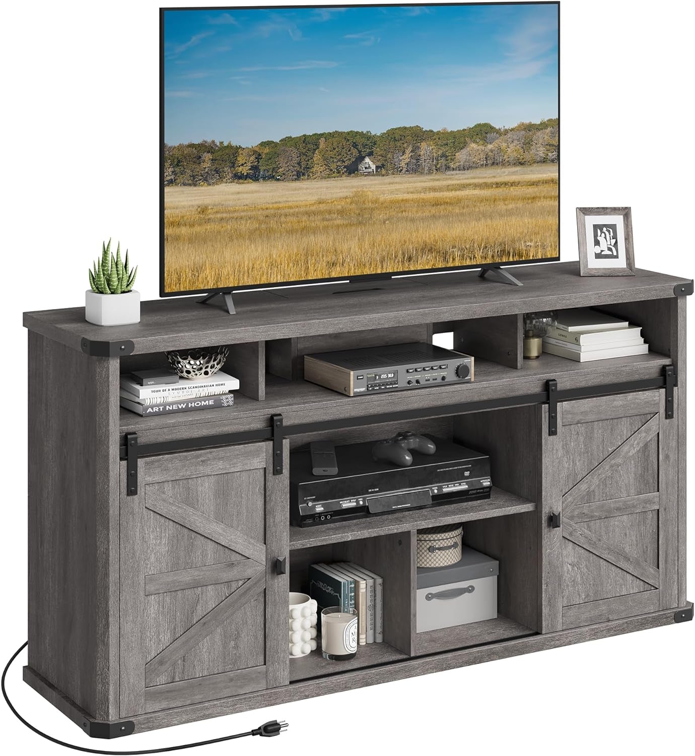 TV Stand for Tvs up to 65 Inches, Farmhouse Entertainment Center with Sliding Barn Doors, TV Console Table for Living Room, Misty Gray ULTV322G68