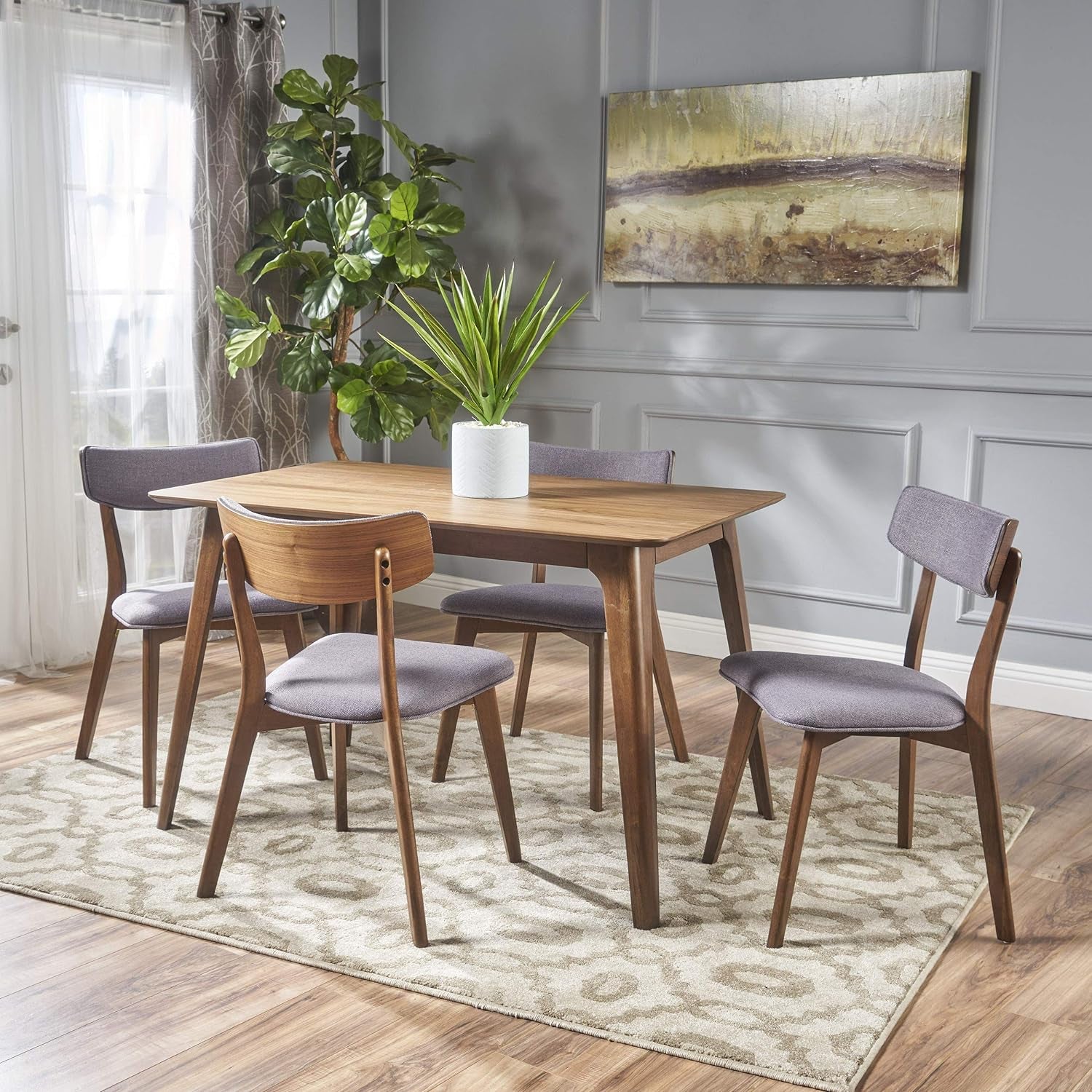 Megann Mid-Century Wood Dining Set with Fabric Chairs, 5-Pcs Set, Natural Walnut / Dark Grey