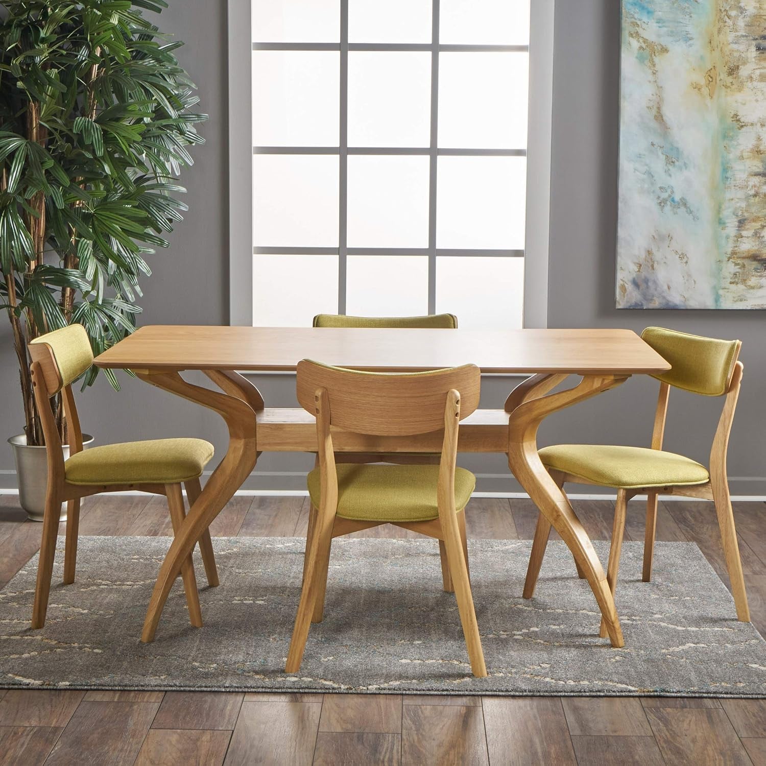 Nissie Mid-Century Wood Dining Set with Fabric Chairs, 5-Pcs Set, Natural Oak Finish / Green Tea