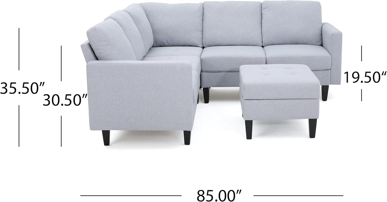 Zahra Fabric Sectional Couch with Ottoman, 6-Pcs Set, Light Grey