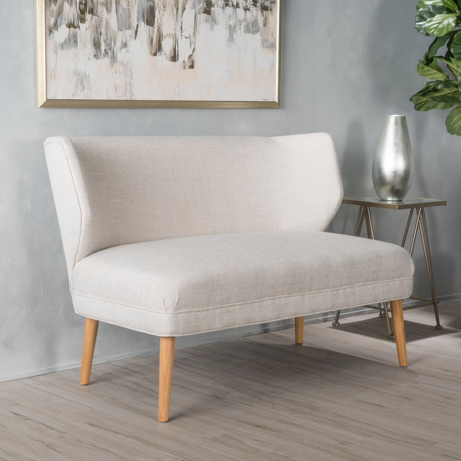 Gdfstudio Dumont Mid-Century Modern Fabric Settee, Beige and Natural, Loveseat