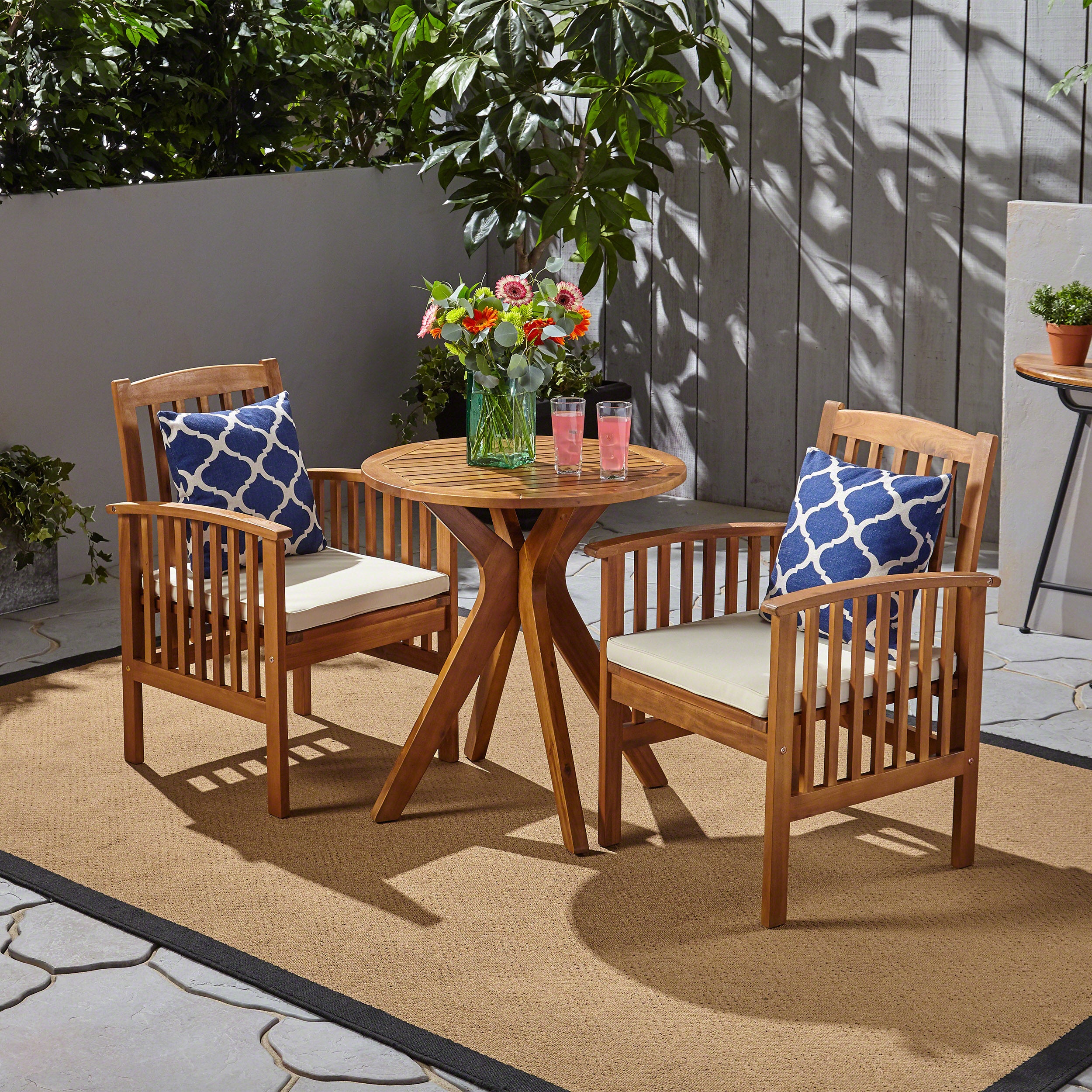 Genois Outdoor Acacia Wood 3 Piece Bistro Set with Cushion, Teak and Cream