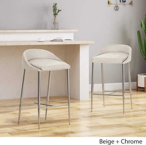 Fanny Counter Stools, Modern, Upholstered, Chrome Iron Legs, Beige (Set of 2)