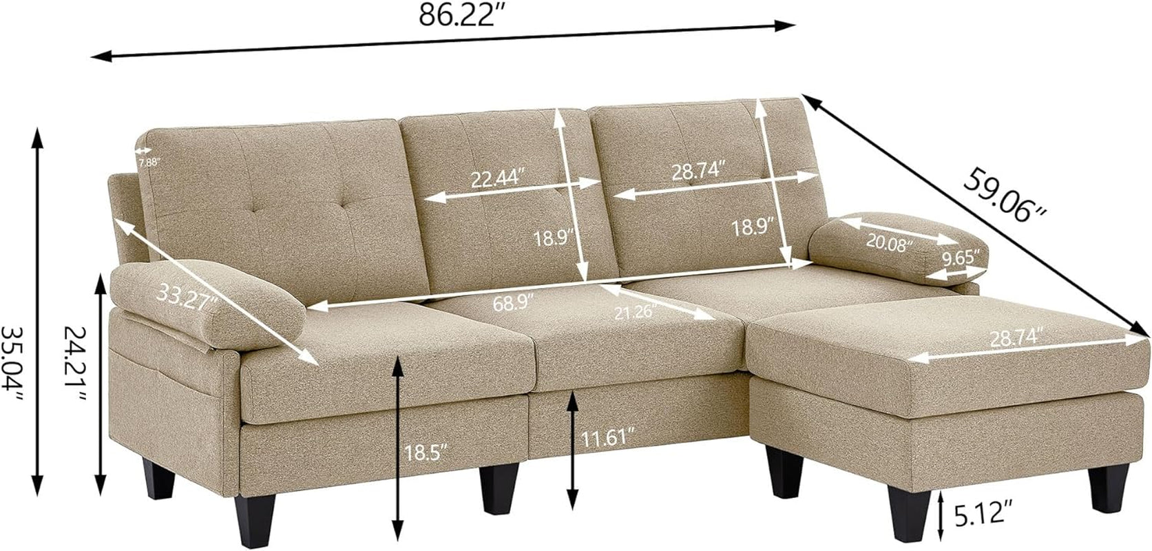 86" Convertible Sectional Sofa Couch, Modern Linen Fabric L Shaped Couch with Reversible Chaise, Upholstered Deep Seat Cushion 3 Seater Sofa for Small Space Apartment (Beige)