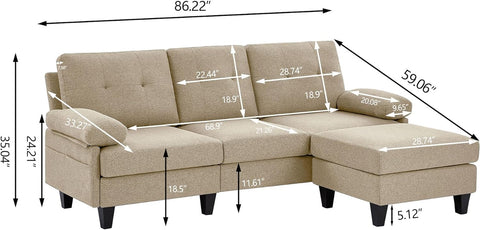 86" Convertible Sectional Sofa Couch, Modern Linen Fabric L Shaped Couch with Reversible Chaise, Upholstered Deep Seat Cushion 3 Seater Sofa for Small Space Apartment (Beige)
