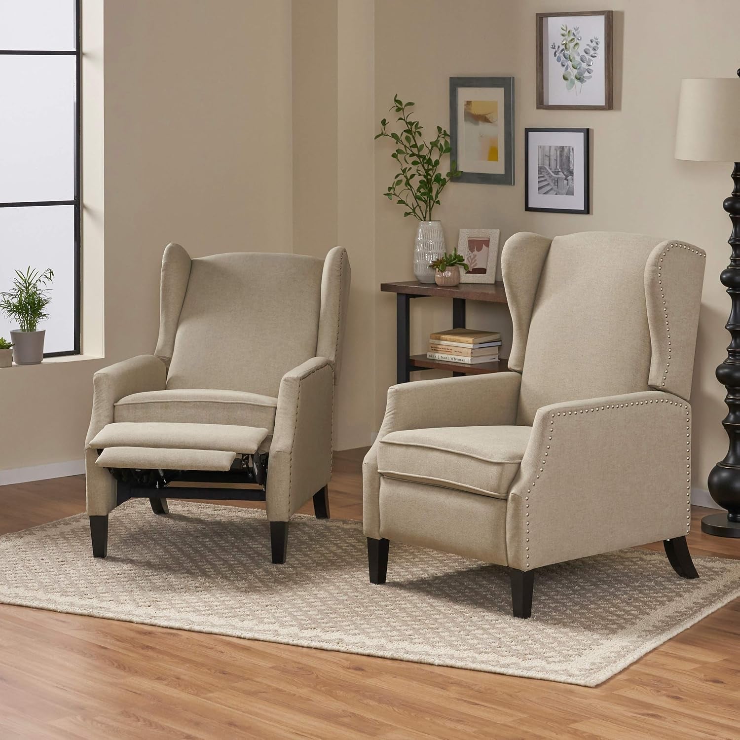 Ellyn Fabric Recliner (Set of 2), Wheat, Dark Brown