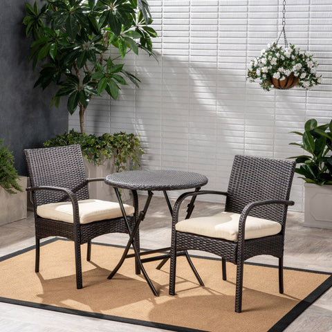 Kevin Outdoor 3 Piece Wicker Bistro Set, Multi Brown and Cream