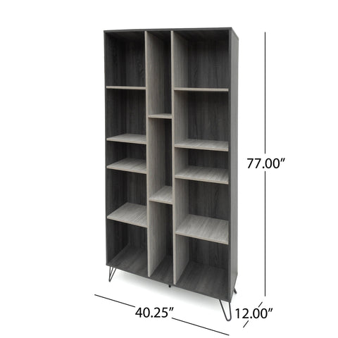 Lexia Contemporary Faux Wood Two Toned 13 Shelf Bookcase, Sonoma Gray Oak, Gray, and Black