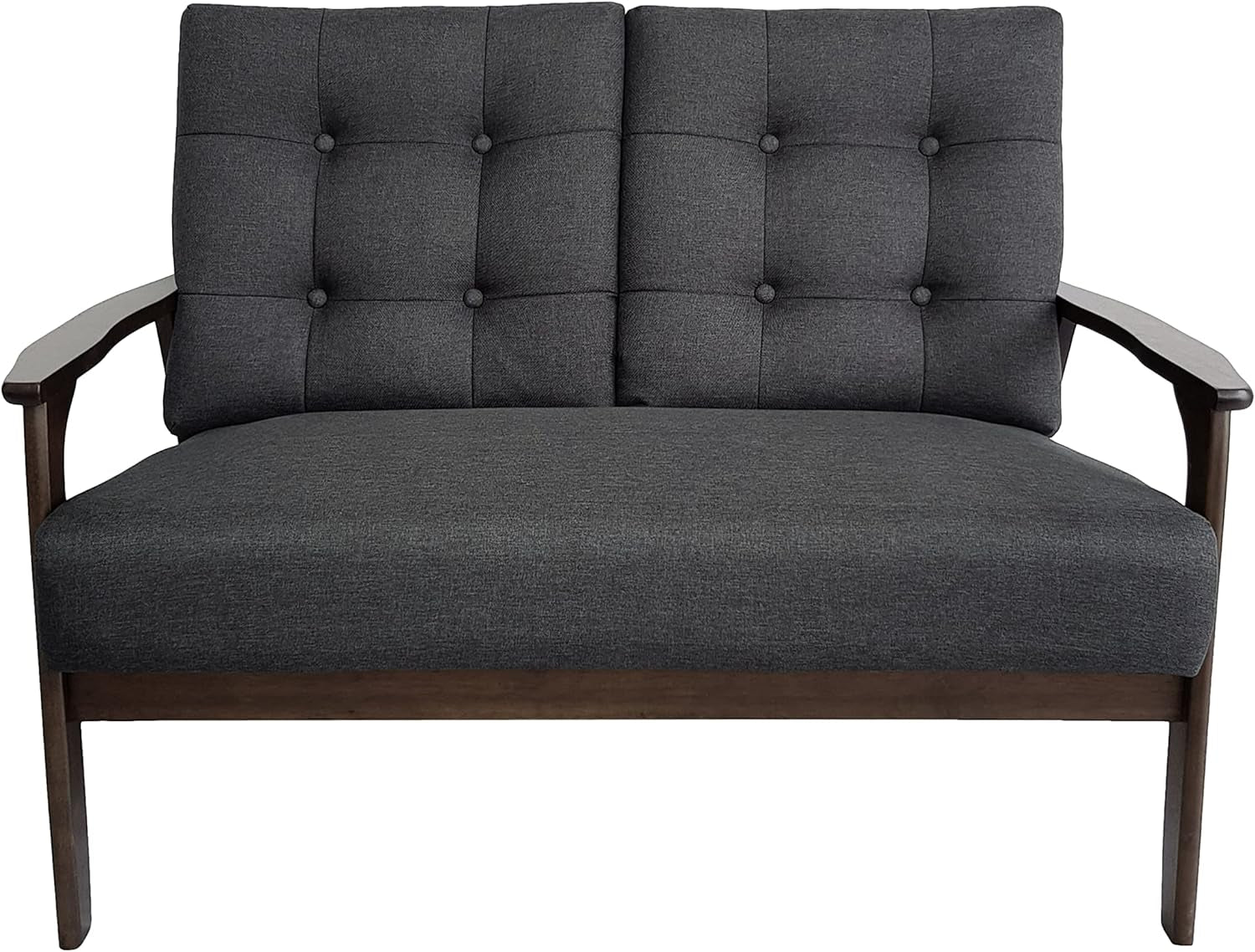 Athena Mid Century Waffle Stitch Tufted Accent Loveseat with Rubberwood Legs-Black and Walnut Finish