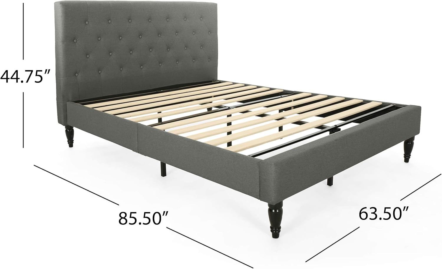 Agnes Fully-Upholstered Queen-Size Platform Bed Frame, Low-Profile, Contemporary, Charcoal Gray, Dark Brown