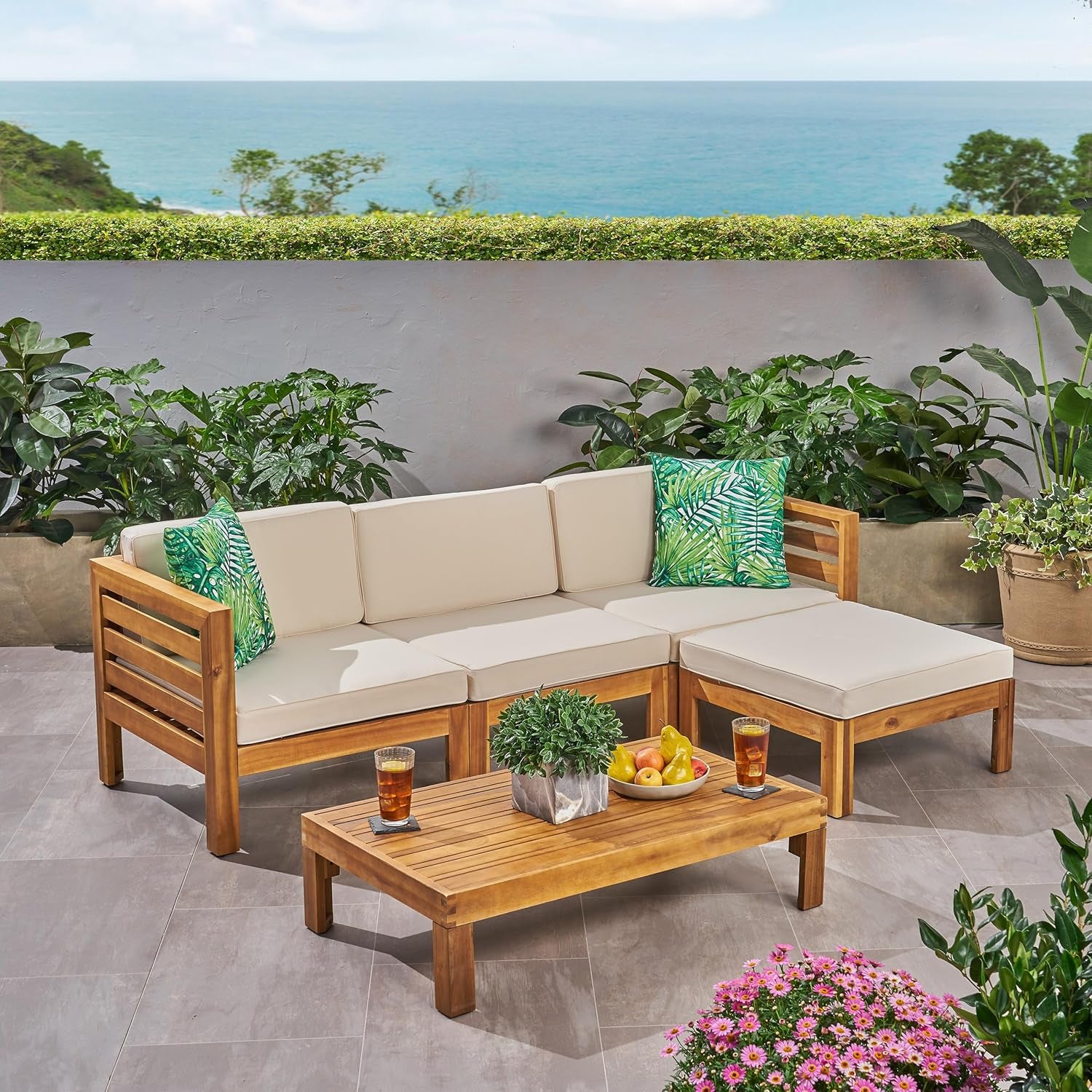 Alice Outdoor 5 Piece Acacia Wood Sofa Set, Teak Finish, Beige