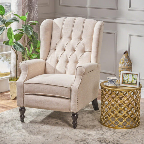 GDF Studio Elizabeth Tufted Fabric Recliner, Vintage Reclining Reading Armchair, Light Beige