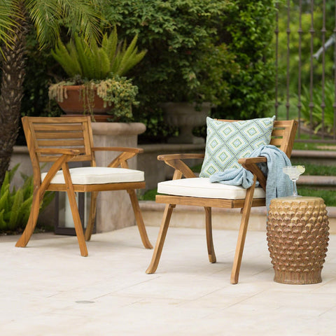 Hermosa Outdoor Acacia Wood Arm Chairs, 2-Pcs Set, Teak Finish / Cream