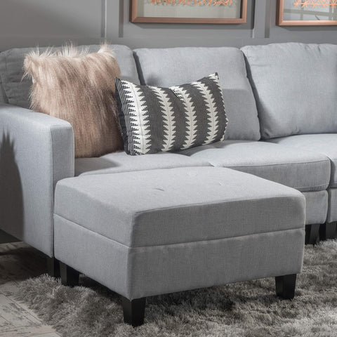 Zahra Fabric Sectional Couch with Ottoman, 6-Pcs Set, Light Grey