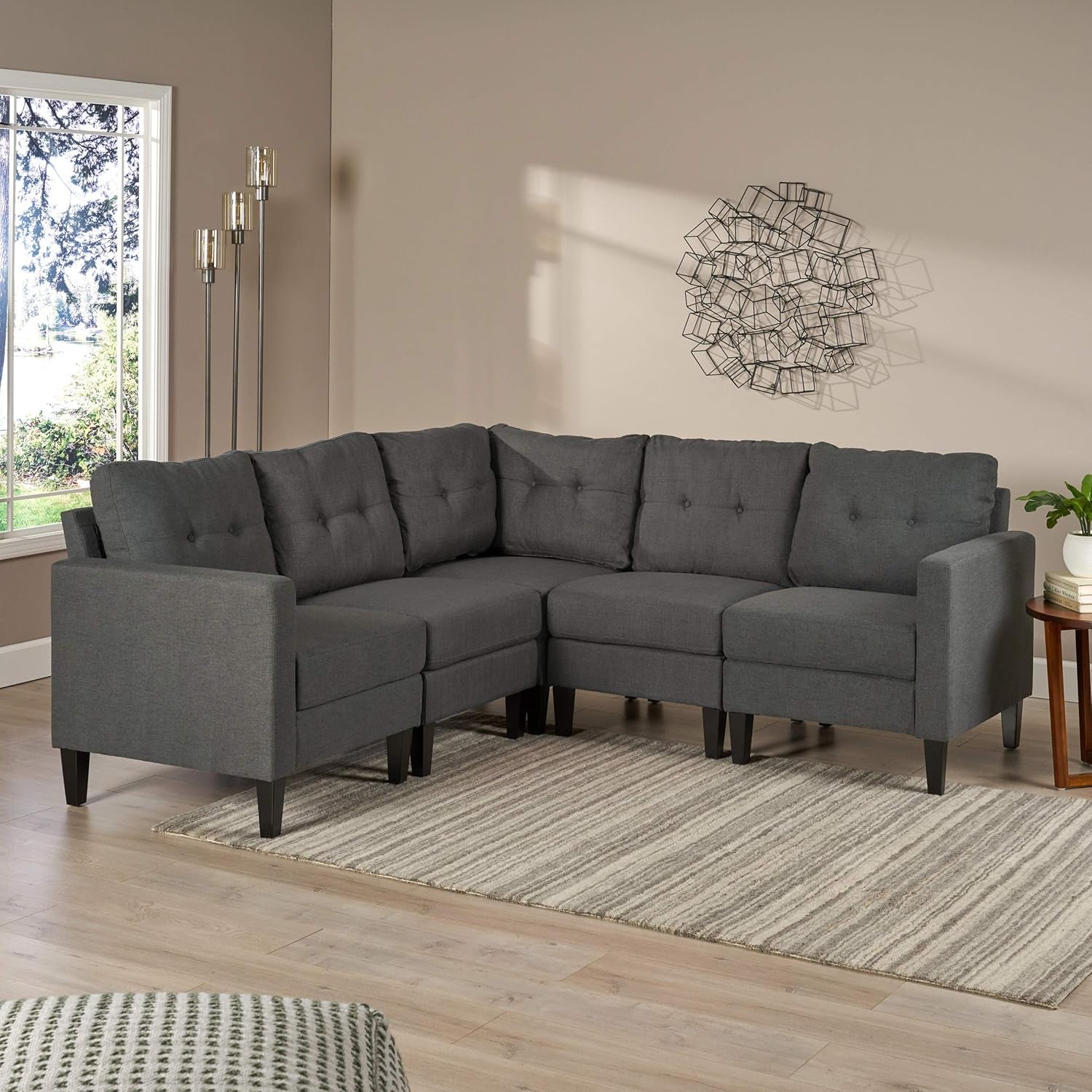 Emmie Mid-Century Modern 5-Piece Sectional Sofa, Dark Grey / Dark Brown