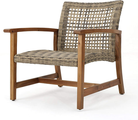 Hampton Outdoor Mid-Century Wicker Club Chairs with Acacia Wood Frame, 2-Pcs Set, Natural Stained / Grey