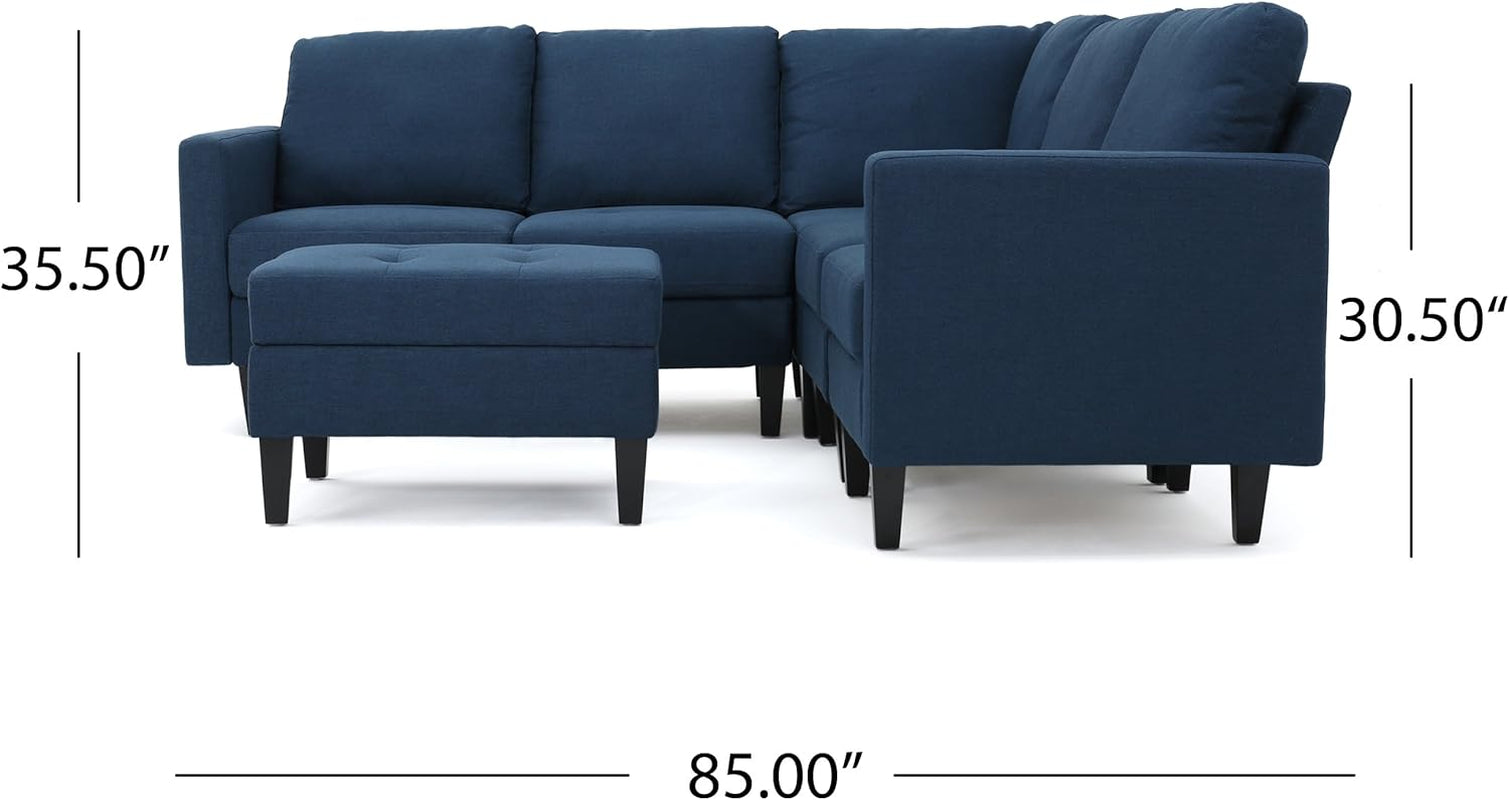 Zahra Fabric Sectional Couch with Ottoman, 6-Pcs Set, Dark Blue