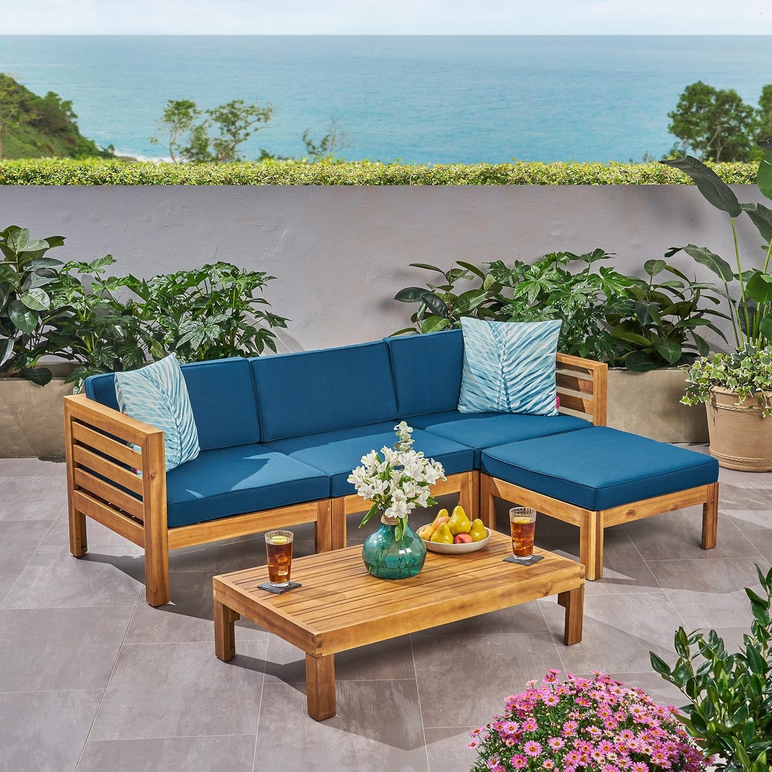 Alice Outdoor 5 Piece Acacia Wood Sofa Set, Teak Finish, Dark Teal