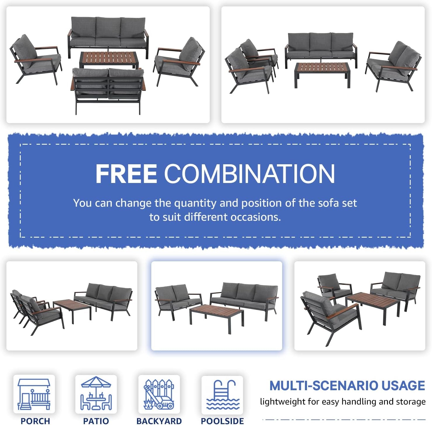 Aluminum Patio Furniture Set with FSC Certified Solid Wood Top Armrest & Coffee Table, Outdoor Deep Seating Sectional Sofa, 5 Piece Conversation Sets W/Removable Cushion, Dark Grey