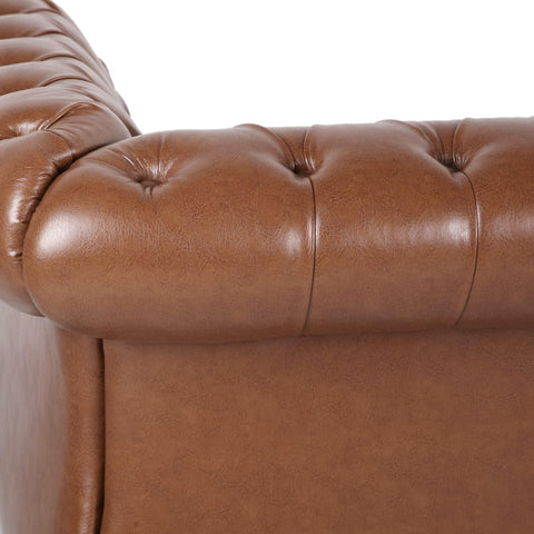 Quentin Chesterfield Tufted Sofa with Scroll Arms, Cognac Brown, Dark Brown