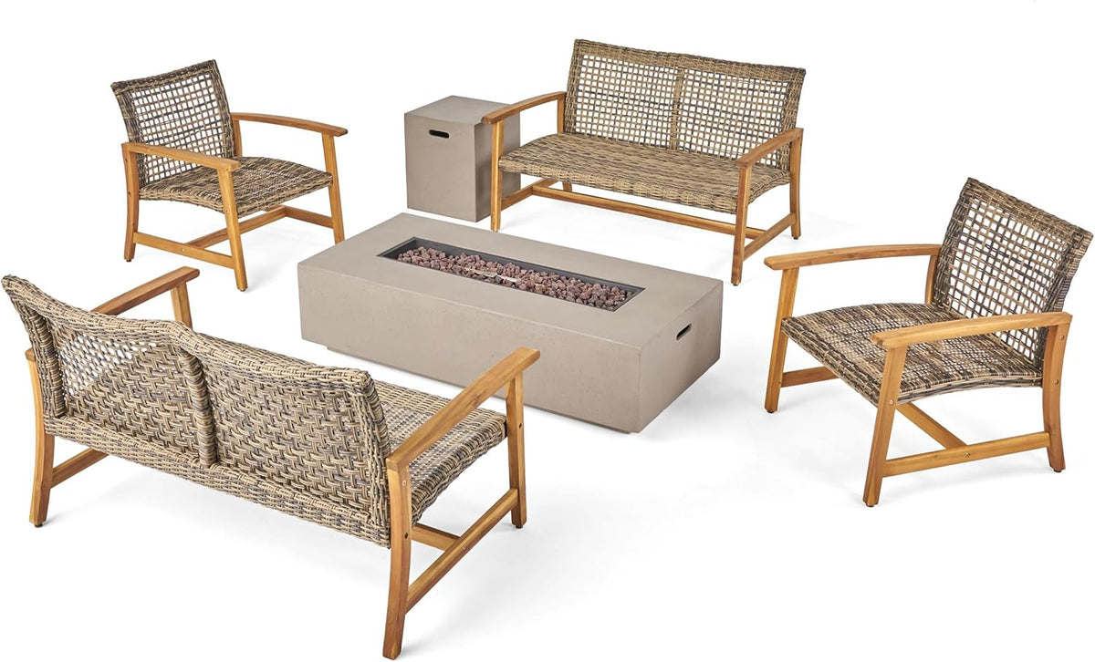 Augusta Outdoor 6 Piece Acacia Wood and Wicker Chat Set with Fire Pit, 52 "W X 31 "D X 31.5 "H, Gray + Natural + Light Gray