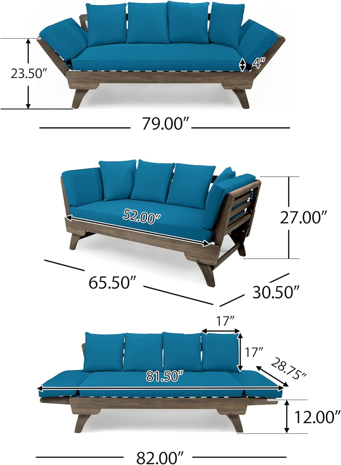 Aldrich Outdoor Acacia Wood Expandable Daybed with Water Resistant Cushions, Dark Teal and Gray