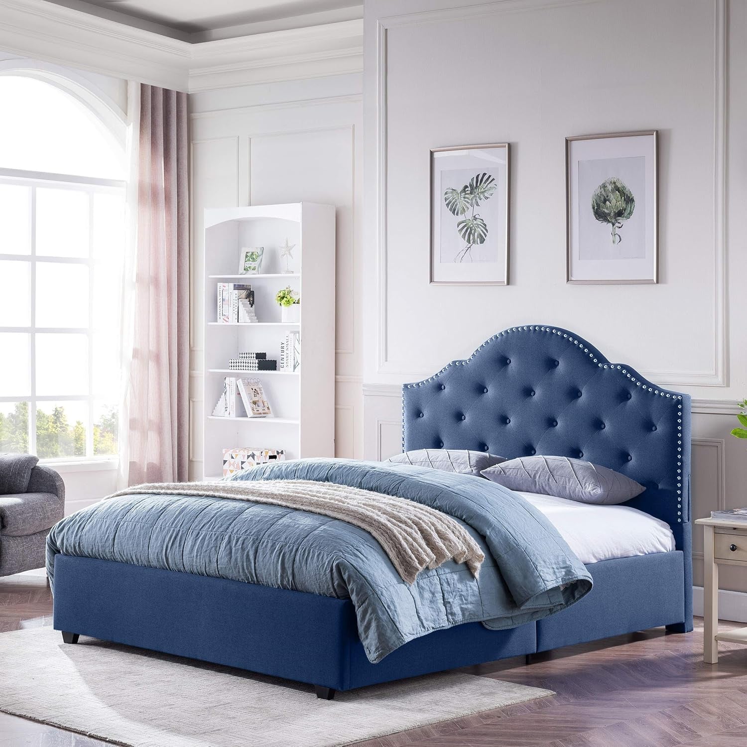 Gentry Queen-Size Bed Frame Fully-Upholstered Button-Tufted Navy Blue