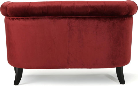 Melaina Tufted Chesterfield Velvet Loveseat with Scrolled Arms, Garnet and Dark Brown